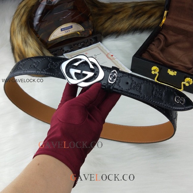 Gucci Black Leather Belt Two Tone with Double G Buckle